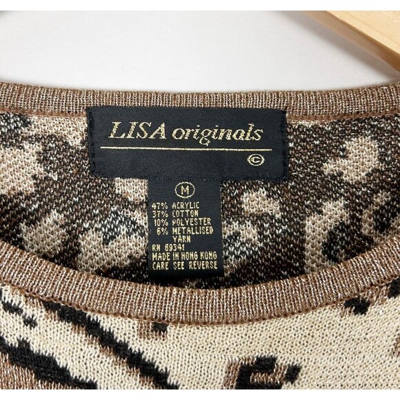Vtg Lisa Originals Animal Print Tiger Face Sweater Metallic Gold Size Medium Wom - Picture 4 of 4